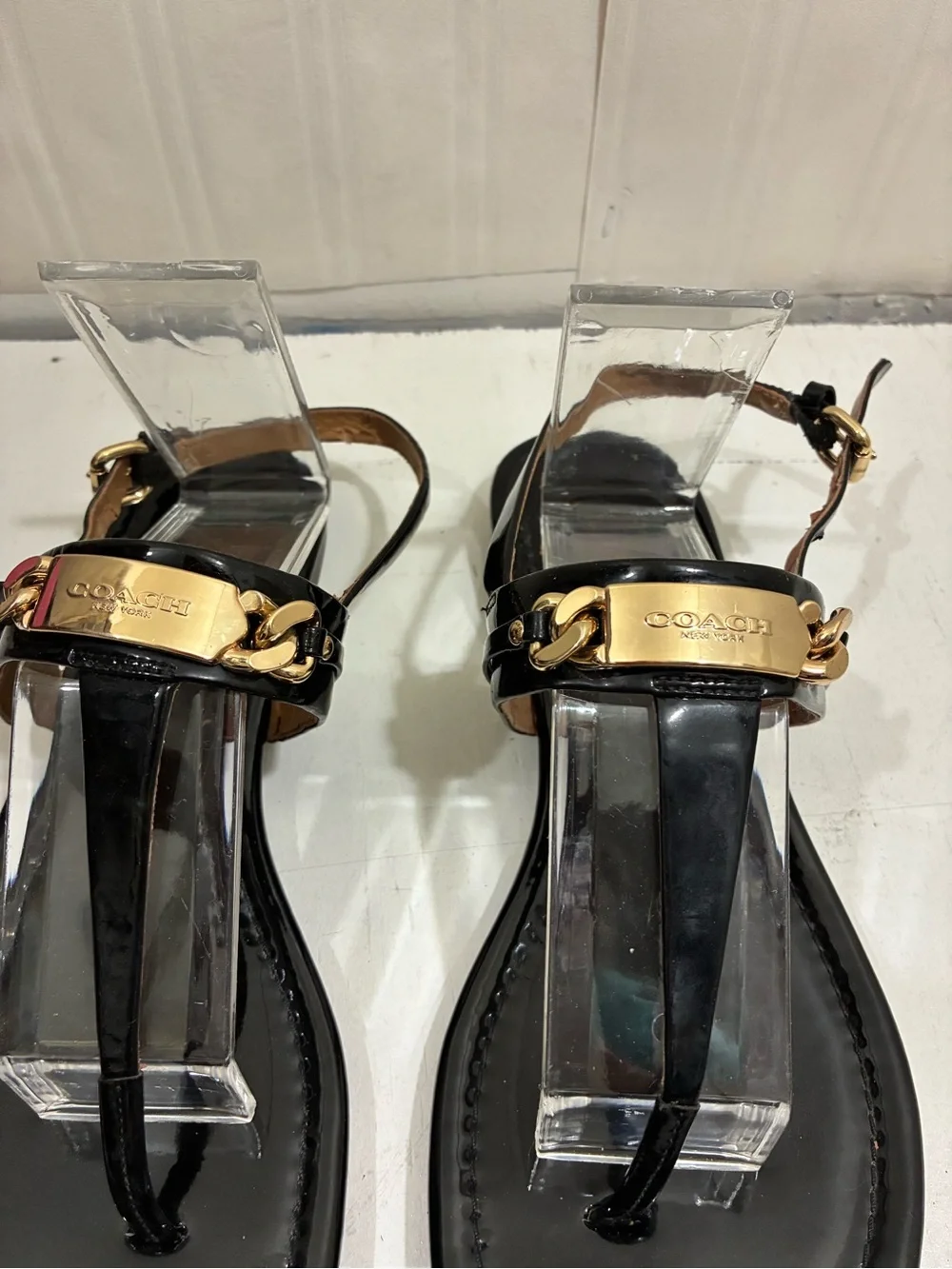 Coach Black Patent Leather T-Strap Sandals with Gold Plaque
